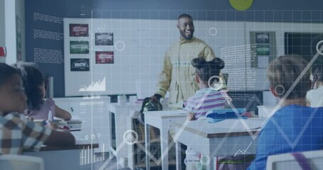 Animation of diagrams and data processing over biracial male teacher with diverse schoolchildren - Powered by Adobe