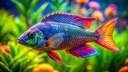 Fototapeta premium Vibrant peacock fish glide effortlessly through a vibrant coral reef, their iridescent scales shimmering in the