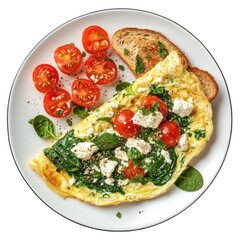 A delicious omelette with spinach, tomatoes, and toast on a plate.