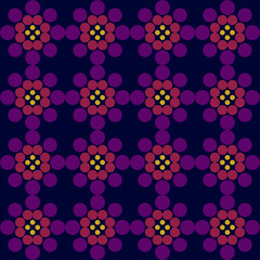 Seamless geometric pattern consisting of yellow, dark pink and purple circles arranged to form flowers on a dark blue background. Suitable for various creative projects or decorative elements.