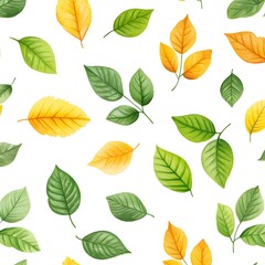 Seamless Natural Foliage Pattern with Fresh Green and Golden Autumn Leaves on White Background