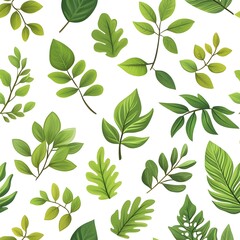 Seamless Natural Foliage Pattern with Fresh Green Leaves on White Background
