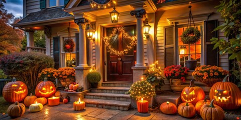 Obraz premium Whimsical home decorations cast a festive Halloween spell, inviting trick-or-treaters and partygoers to revel in a