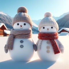Two cheerful snowmen with hats and scarves in the snow, celebrating Christmas with gifts and decorations, isolated in a winter scene