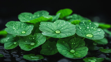 A group of green leaves with drops of water on them. The leaves are arranged in a way that they look like a clover. The image has a calm and peaceful mood