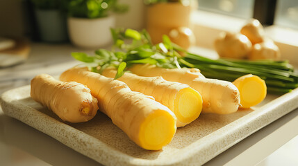 A white plate with a bunch of ginger on it. The ginger is sliced and has a yellow center
