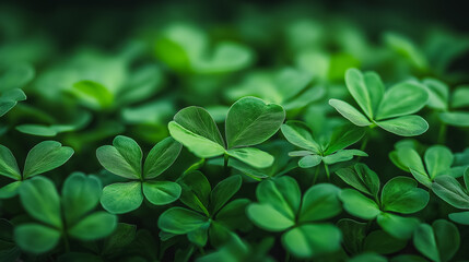 A close up of green clover leaves. The leaves are green and have a heart shape. The image has a peaceful and calming mood