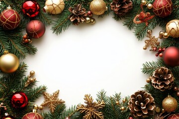 Christmas Ornament Frame with Pine Branches and Ornaments