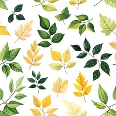 Seamless Pattern of Fresh and Vibrant Natural Leaves on Clean White Background