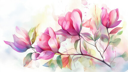 Fototapeta premium Beautiful watercolor illustration of pink magnolia flowers with delicate petals and soft colors to evoke calm and elegance.