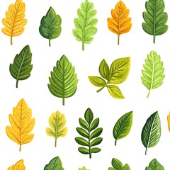 Seamless Pattern of Vibrant  Natural Leaves in Various Shades of Green  Yellow  and Autumn Hues on a Clean White Background