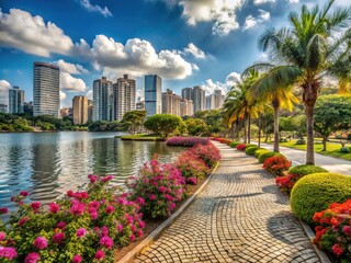 Fototapeta premium A tranquil Brazilian oasis features lush vegetation and vibrant flowers surrounding a granite promenade, with a serene lake and skyscrapers as a scenic backdrop.