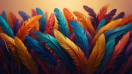 Fototapeta premium Abstract composition of vibrant, colorful feathers arranged in a circular motion