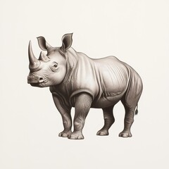 Obraz premium Wildlife Rhinoceros, etching style isolated on white background, fine lines with cross-hatching techniques, highlighting rugged skin texture and imposing stance