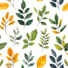 Seamless Pattern With Assorted Fresh and Natural Leaves on White Background