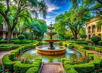 A tranquil fountain surrounded by lush greenery and historic architecture creates a serene oasis in a scenic urban park.