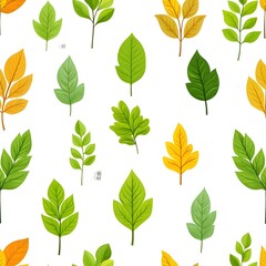 Seamless botanical background pattern with various fresh green and yellow leaves on clean white surface
