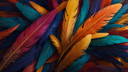 Fototapeta premium Abstract composition of vibrant, colorful feathers arranged in a circular motion