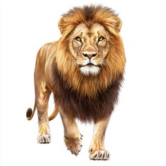 Wildlife Lion, watercolor style isolated on white background, warm, rich tones with soft brushstrokes, conveying strength and grace of this powerful predator