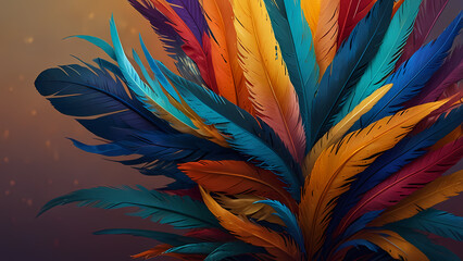 Abstract composition of vibrant, colorful feathers arranged in a circular motion