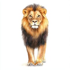 Fototapeta premium Wildlife Lion, watercolor style isolated on white background, warm, rich tones with soft brushstrokes, conveying strength and grace of this powerful predator