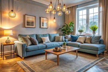A tranquil retreat features a plush soft blue couch surrounded by stylish furniture, bathed in warm lighting that creates a cozy atmosphere.