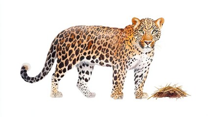 Wildlife Leopard, mixed media drawing isolated on white background, watercolor washes with pen detailing, capturing dynamic spots and sleek form of this elusive predator