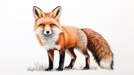 Obraz premium Wildlife Fox, colored pencil drawing isolated on white background, vibrant oranges with soft gradients, emphasizing sly nature and fluffy tail with detailed strokes
