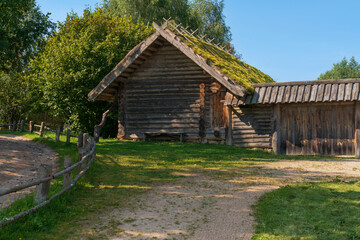 View of an ancient log outbuilding on the territory of the Pushkin village in Bugrovo of the...