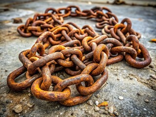 Fototapeta premium A twisted metal chain, rusted and worn, lies mangled on a cracked concrete floor, its links bent and corroded with age and neglect.