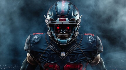 American football player wearing a Halloween-themed uniform, intense focus, sharp and clear details, spooky stadium atmosphere