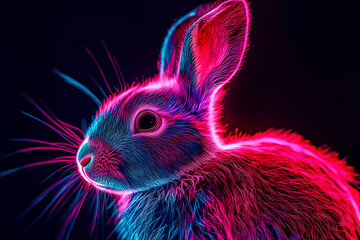 A vibrant, neon-colored rabbit with glowing fur against a dark background.