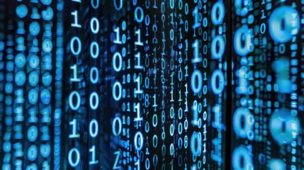 A digital representation of binary code with glowing numbers, symbolizing data and technology.