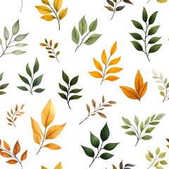 Fototapeta premium Vibrant natural seamless pattern with assorted green yellow and brown leaves on white background