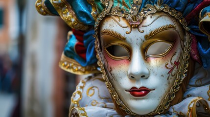 A close-up of an ornate carnival mask, showcasing intricate designs and vibrant colors, typical of festive celebrations.