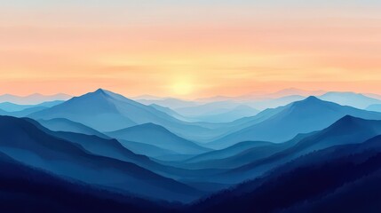 Fototapeta premium Distant mountain silhouettes, sunrise glow, triadic color scheme, flat vintage watercolor effect, soft gradient sky and stylized peaks