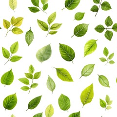 Seamless Background of Vibrant Green Leaves and Fresh Foliage Patterns on White