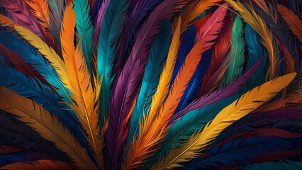 Abstract composition of vibrant, colorful feathers arranged in a circular motion