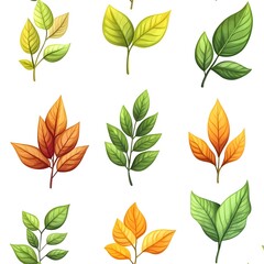 Obraz premium Seamless pattern of diverse fresh natural leaves in various shades of green orange and yellow on a clean white background