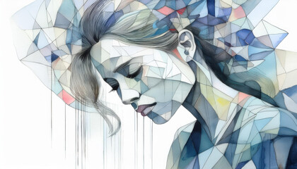 Drawing of woman’s head shot portrait with sad expression in her face, eye closed in water color on white background for depression, mental health disorder concept