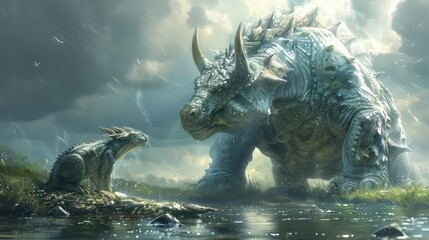 A massive, ancient creature towers over a smaller one by a serene water body, set against a dramatic sky.