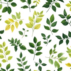Seamless Pattern of Various Natural and Vibrant Leaves on a White Background