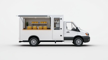 A modern food truck with an open serving window, showcasing a clean design and delicious offerings.