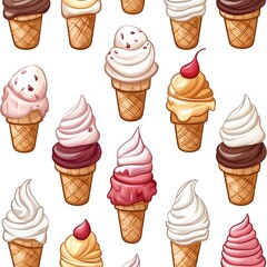 Delightful Seamless Pattern of Assorted Ice Cream Cones and Scoops on White Background