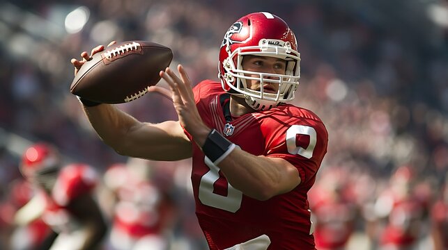 Quarterback throwing a pass in a highly detailed action shot, sharp focus, clear image of football in motion