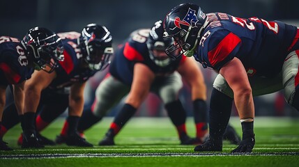 Defensive lineman charging forward during a game, sharp focus, clear details of jerseys and field