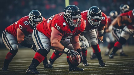 Defensive lineman charging forward during a game, sharp focus, clear details of jerseys and field