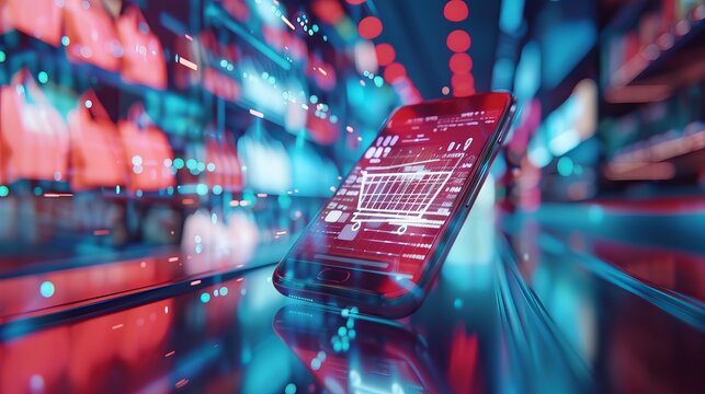 Futuristic Online Shopping Technology with Digital Payment via Mobile Phone, Showcasing Advanced E-Commerce Solutions, Contactless Transactions, and Modern Retail Innovations for Seamless Customer Exp