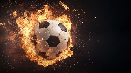 Naklejka premium Fiery Soccer Ball in Hyper-Realistic Motion on Dark Background with Cinematic Lighting - High-Resolution Photography