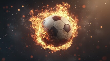 Naklejka premium Enflamed Football Soaring Through Night Sky with Cinematic Lighting Effect - Hyper-Realistic Sports Photography